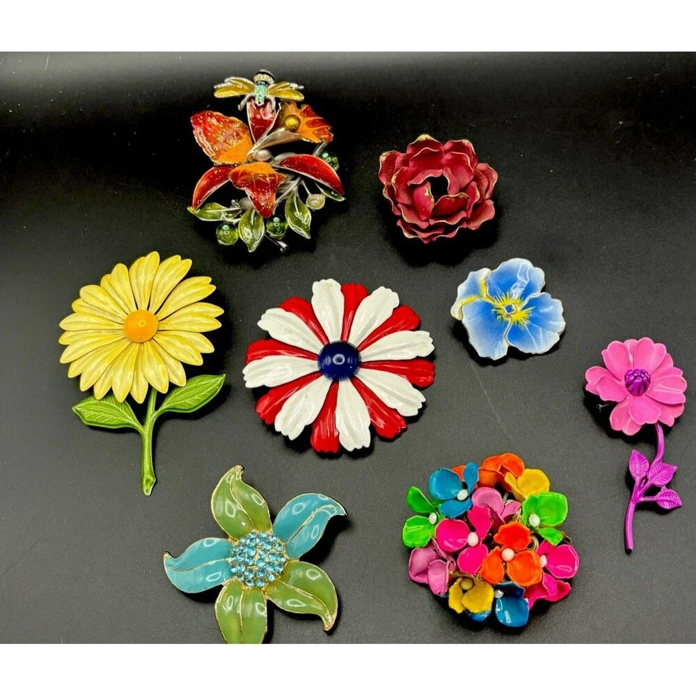 VTG 8 LARGE Flower Power Enamel Metal Brooch Pin Lot Retro 60s 70s( 1.75”-4”)